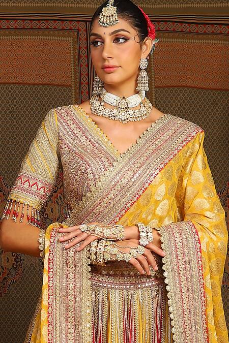 Shikhar Sharma_Yellow Silk Chanderi Embroidery Gota V Neck Phulwari Bridal Lehenga Set _at_Aza_Fashions