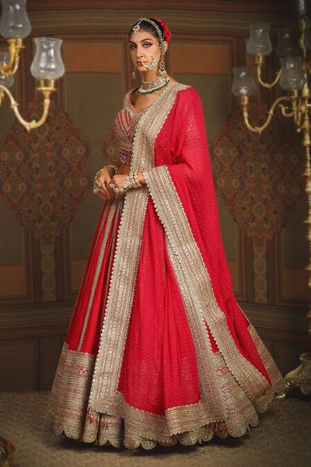 Buy_Shikhar Sharma_Red Silk, Georgette Gulbahar Badla And Dori Embroidered Bridal Lehenga Set _Online_at_Aza_Fashions
