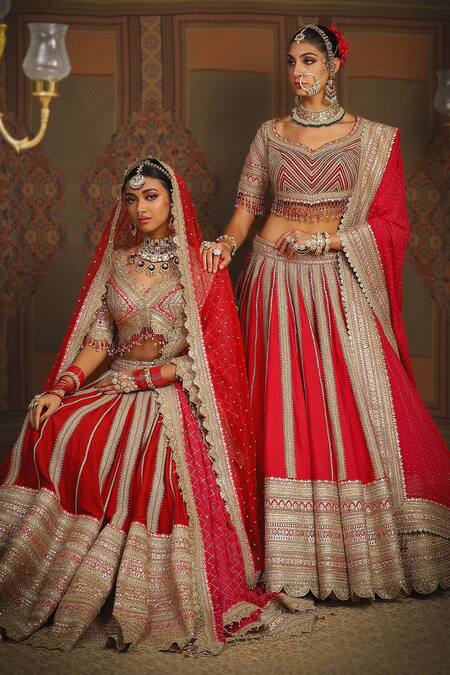 Shop_Shikhar Sharma_Red Silk, Georgette Gulbahar Badla And Dori Embroidered Bridal Lehenga Set _Online_at_Aza_Fashions