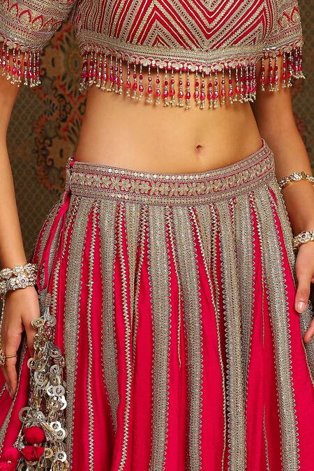 Buy_Shikhar Sharma_Red Silk, Georgette Gulbahar Badla And Dori Embroidered Bridal Lehenga Set 