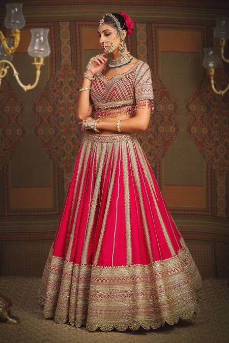 Shop_Shikhar Sharma_Red Silk, Georgette Gulbahar Badla And Dori Embroidered Bridal Lehenga Set 