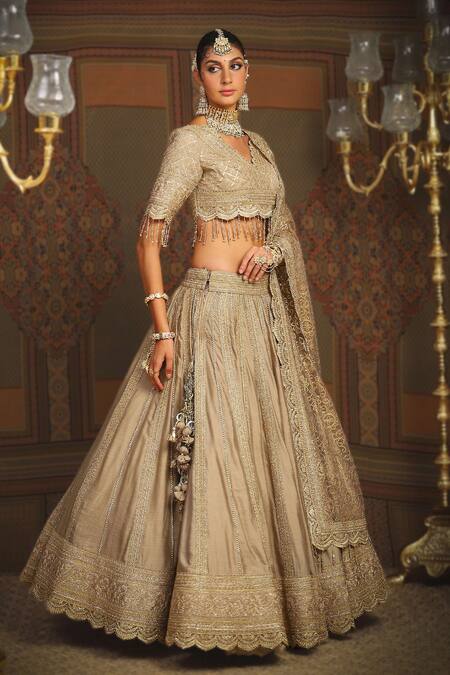 Buy_Shikhar Sharma_Gold Silk Chanderi Embroidery Gota Gardenia Badla And Dori Bridal Lehenga Set _Online_at_Aza_Fashions