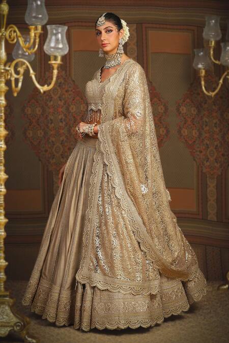 Shop_Shikhar Sharma_Gold Silk Chanderi Embroidery Gota Gardenia Badla And Dori Bridal Lehenga Set _Online_at_Aza_Fashions