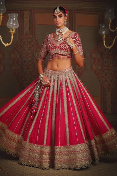 Shikhar Sharma_Pink Silk Chanderi Embroidery Gota V Sunehri Badla And Dori Bridal Lehenga Set _Online_at_Aza_Fashions