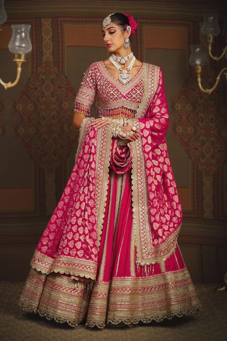 Shop_Shikhar Sharma_Pink Silk Chanderi Embroidery Gota V Sunehri Badla And Dori Bridal Lehenga Set _Online_at_Aza_Fashions