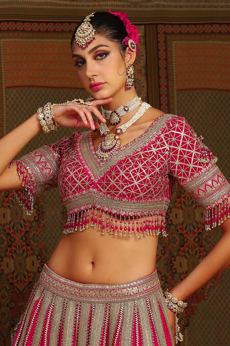 Buy_Shikhar Sharma_Pink Silk Chanderi Embroidery Gota V Sunehri Badla And Dori Bridal Lehenga Set 