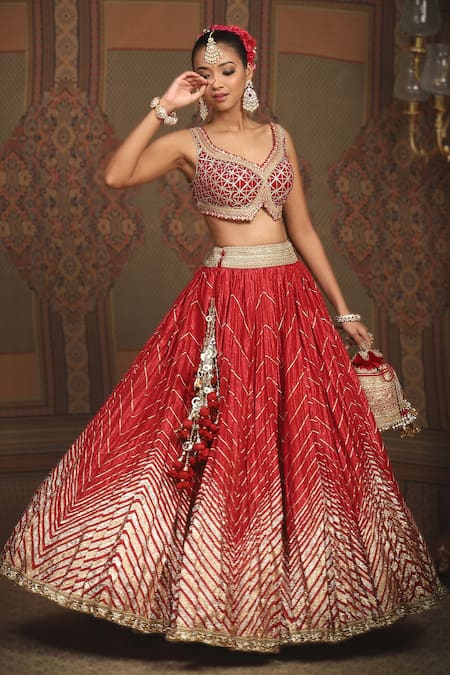 Shikhar Sharma_Red Cotton, Chanderi, Net, Silk Embroidery, Lush Chevron Bridal Lehenga Set _Online_at_Aza_Fashions