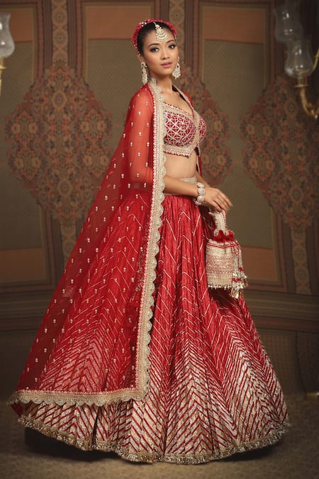 Shop_Shikhar Sharma_Red Cotton, Chanderi, Net, Silk Embroidery, Lush Chevron Bridal Lehenga Set _Online_at_Aza_Fashions