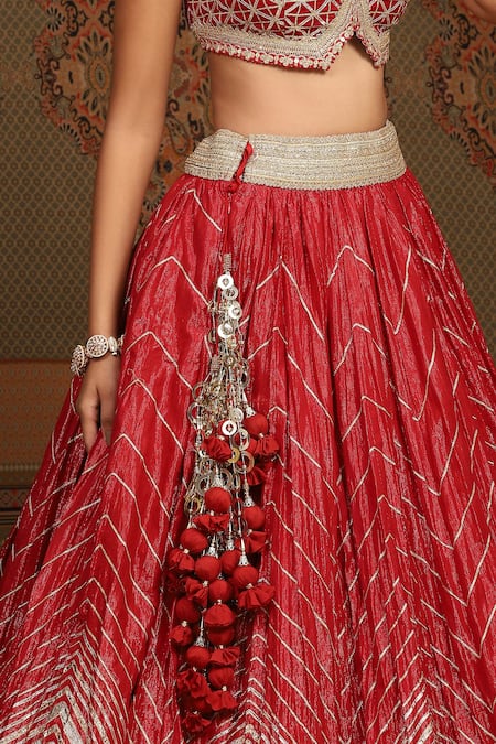 Shop_Shikhar Sharma_Red Cotton, Chanderi, Net, Silk Embroidery, Lush Chevron Bridal Lehenga Set 