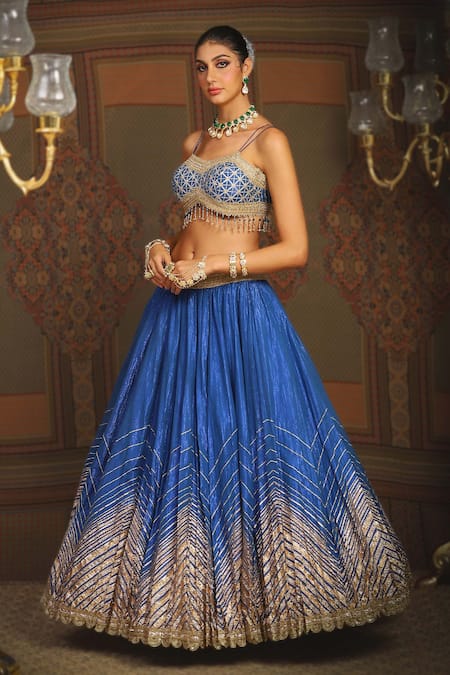 Shikhar Sharma_Blue Cotton Simmer Chanderi Embroidery Gota Astral Chevron Bridal Lehenga Set _Online_at_Aza_Fashions