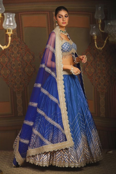 Buy_Shikhar Sharma_Blue Cotton Simmer Chanderi Embroidery Gota Astral Chevron Bridal Lehenga Set _Online_at_Aza_Fashions