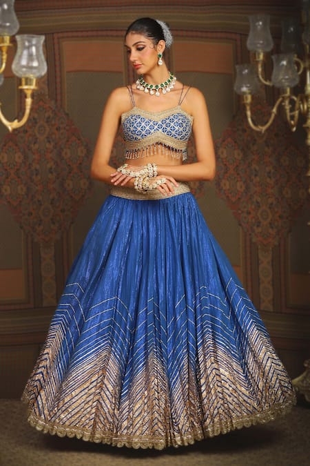 Shop_Shikhar Sharma_Blue Cotton Simmer Chanderi Embroidery Gota Astral Chevron Bridal Lehenga Set _Online_at_Aza_Fashions
