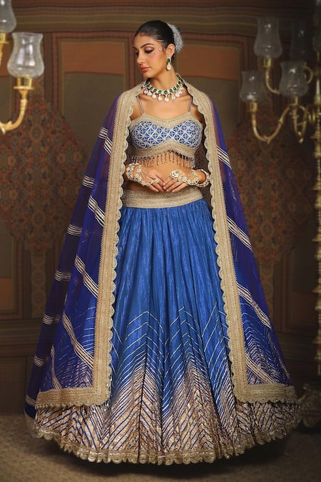 Shikhar Sharma_Blue Cotton Simmer Chanderi Embroidery Gota Astral Chevron Bridal Lehenga Set _at_Aza_Fashions