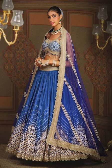 Buy_Shikhar Sharma_Blue Cotton Simmer Chanderi Embroidery Gota Astral Chevron Bridal Lehenga Set 