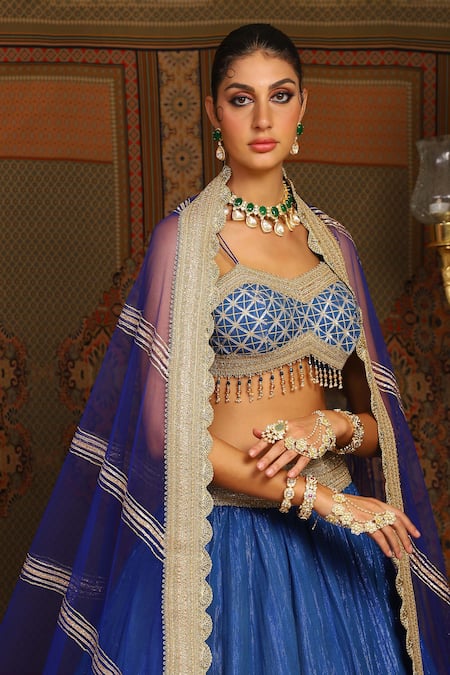 Shop_Shikhar Sharma_Blue Cotton Simmer Chanderi Embroidery Gota Astral Chevron Bridal Lehenga Set 