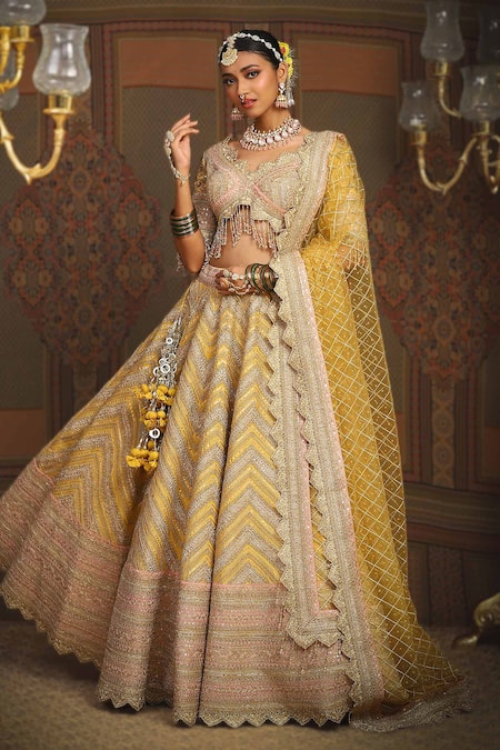 SHIKHAR SHARMA Chevron Maze Dori Embroidered Bridal Lehenga Set 