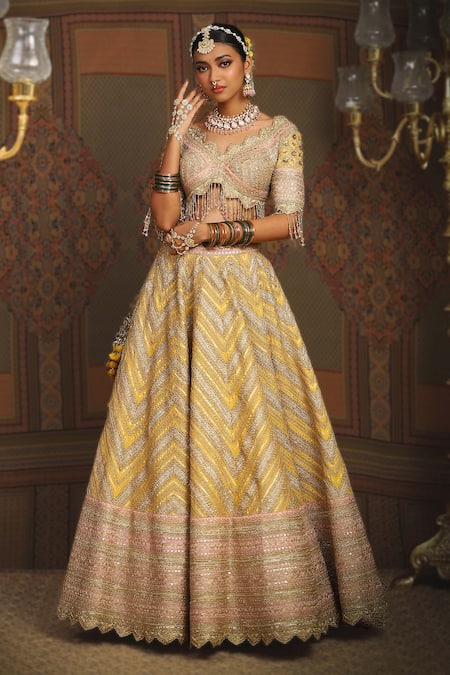 Shikhar Sharma_Yellow Silk Chanderi Embroidery Gota Chevron Maze Dori Bridal Lehenga Set _Online_at_Aza_Fashions