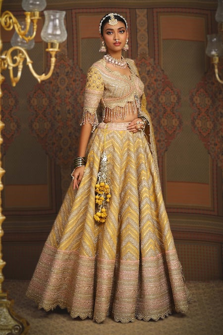 Buy_Shikhar Sharma_Yellow Silk Chanderi Embroidery Gota Chevron Maze Dori Bridal Lehenga Set _Online_at_Aza_Fashions
