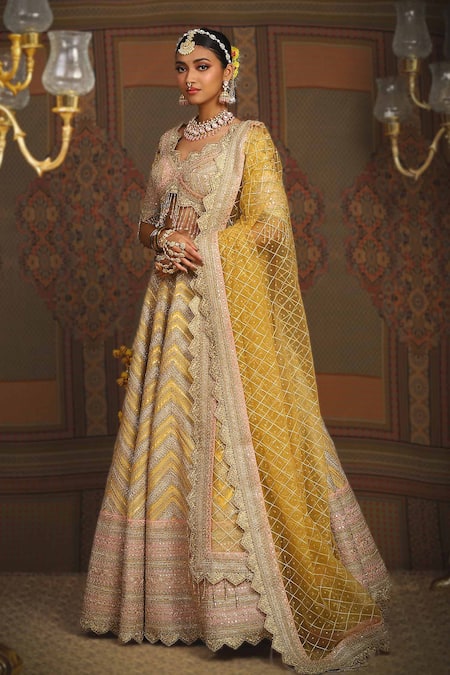 Shop_Shikhar Sharma_Yellow Silk Chanderi Embroidery Gota Chevron Maze Dori Bridal Lehenga Set _Online_at_Aza_Fashions