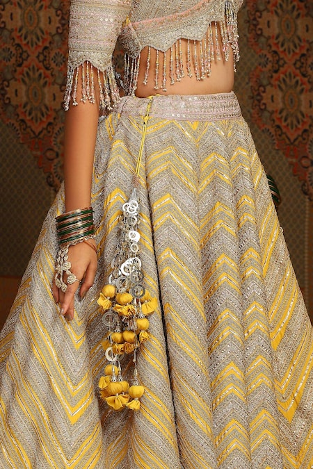 Buy_Shikhar Sharma_Yellow Silk Chanderi Embroidery Gota Chevron Maze Dori Bridal Lehenga Set 