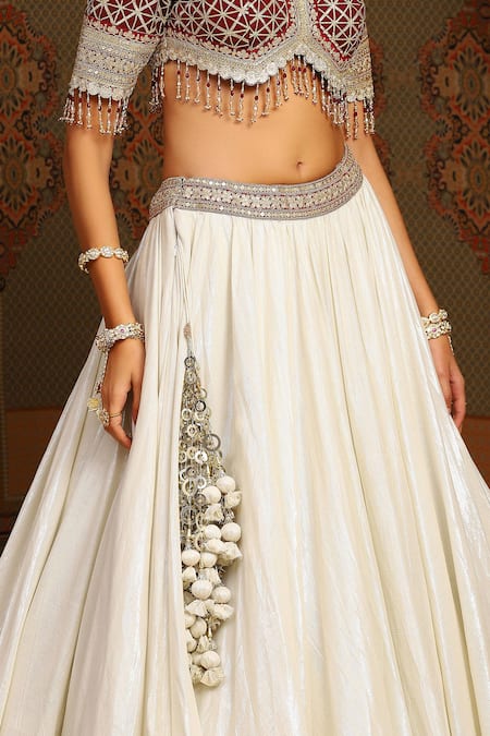 Buy Shikhar Sharma Silver Cotton Simmer Chanderi Embroidery Gota Paan Celeste Bridal Lehenga Set Buy_Shikhar Sharma_Silver Cotton Simmer Chanderi Embroidery Gota Paan Celeste Bridal Lehenga Set