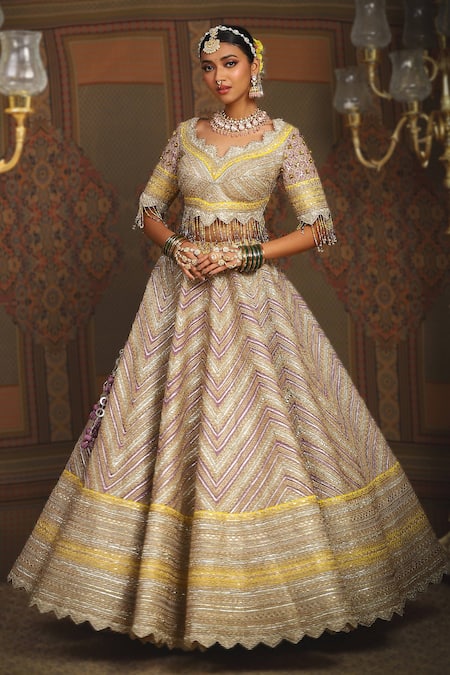 Shikhar Sharma_Purple Silk Chanderi Embroidery Gota Scallop V Chevron Crest Bridal Lehenga Set _Online_at_Aza_Fashions