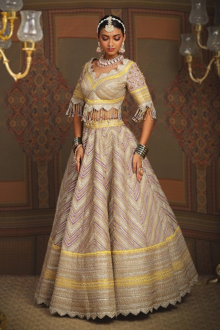 Buy_Shikhar Sharma_Purple Silk Chanderi Embroidery Gota Scallop V Chevron Crest Bridal Lehenga Set _Online_at_Aza_Fashions