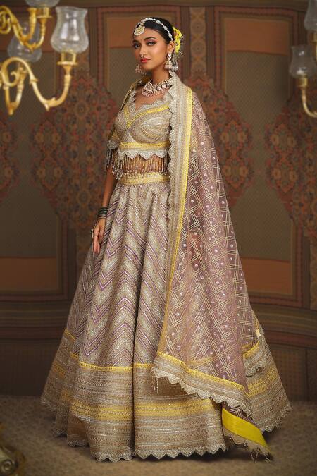Shop_Shikhar Sharma_Purple Silk Chanderi Embroidery Gota Scallop V Chevron Crest Bridal Lehenga Set _Online_at_Aza_Fashions