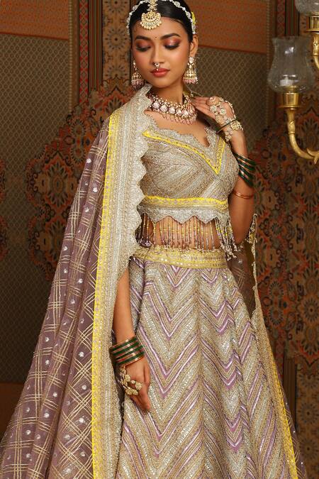 Shikhar Sharma_Purple Silk Chanderi Embroidery Gota Scallop V Chevron Crest Bridal Lehenga Set _at_Aza_Fashions