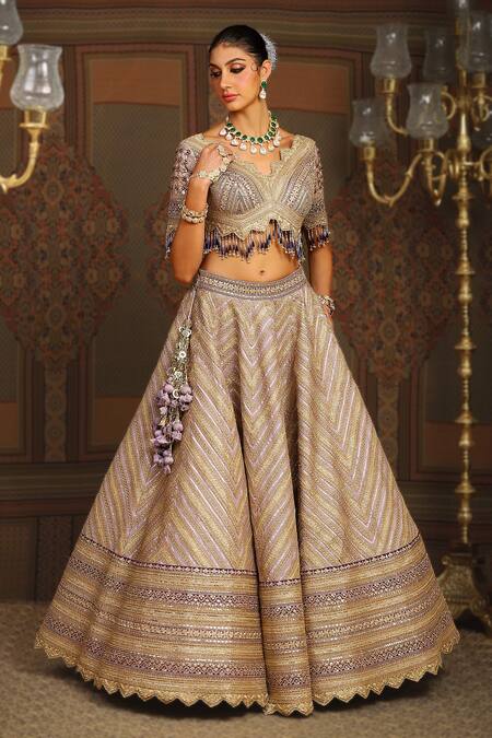 Shikhar Sharma_Purple Silk Chanderi Embroidery Gota Scallop Grade Insignia Bridal Lehenga Set _Online_at_Aza_Fashions