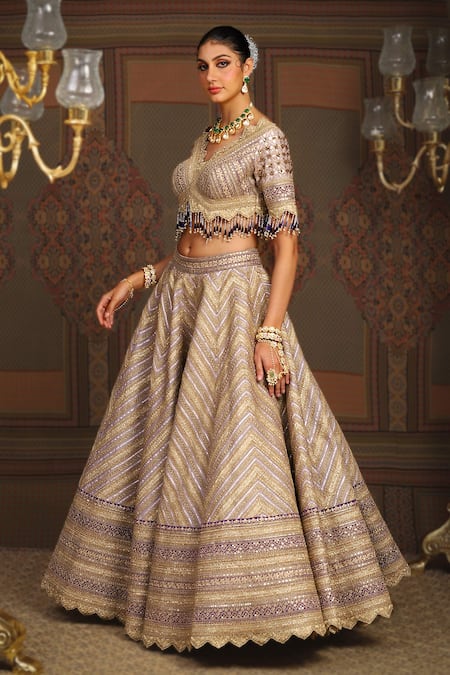 Buy_Shikhar Sharma_Purple Silk Chanderi Embroidery Gota Scallop Grade Insignia Bridal Lehenga Set _Online_at_Aza_Fashions