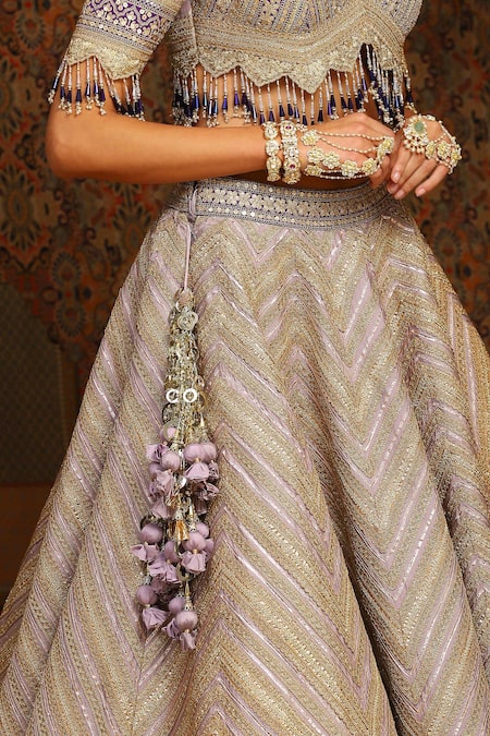 Buy_Shikhar Sharma_Purple Silk Chanderi Embroidery Gota Scallop Grade Insignia Bridal Lehenga Set 