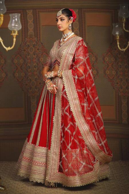 Shikhar Sharma_Red Silk, Chanderi, Taffeta, Net Tassels, Ambrosia Dori Vine Bridal Lehenga Set _Online_at_Aza_Fashions