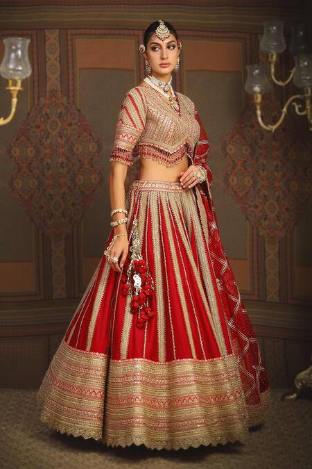 Buy_Shikhar Sharma_Red Silk, Chanderi, Taffeta, Net Tassels, Ambrosia Dori Vine Bridal Lehenga Set _Online_at_Aza_Fashions
