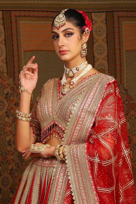 Shikhar Sharma_Red Silk, Chanderi, Taffeta, Net Tassels, Ambrosia Dori Vine Bridal Lehenga Set _at_Aza_Fashions