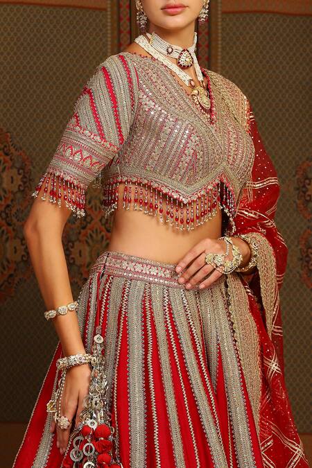 Buy_Shikhar Sharma_Red Silk, Chanderi, Taffeta, Net Tassels, Ambrosia Dori Vine Bridal Lehenga Set 
