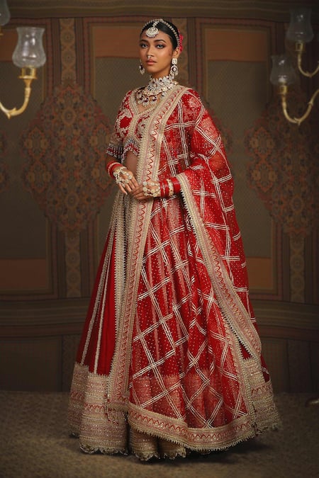 Shikhar Sharma_Red Silk, Chanderi, Net Amaryllis Vine Dori Embroidered Bridal Lehenga Set _Online_at_Aza_Fashions