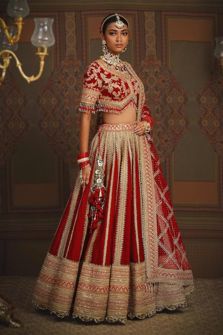 Buy_Shikhar Sharma_Red Silk, Chanderi, Net Amaryllis Vine Dori Embroidered Bridal Lehenga Set _Online_at_Aza_Fashions