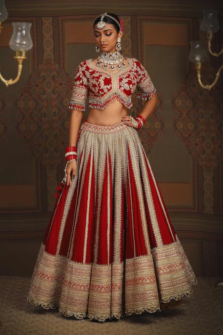 Shop_Shikhar Sharma_Red Silk, Chanderi, Net Amaryllis Vine Dori Embroidered Bridal Lehenga Set _Online_at_Aza_Fashions