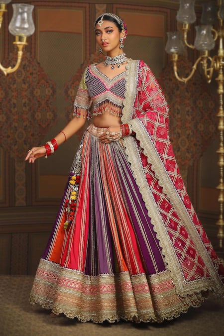 SHIKHAR SHARMA Multi Color Silk Chanderi Embroidery Gota Twish Bridal Lehenga Set 