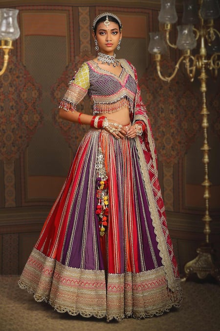 Buy_Shikhar Sharma_Multi Color Silk Chanderi Embroidery Gota Paan Neck Twish Bridal Lehenga Set _Online_at_Aza_Fashions