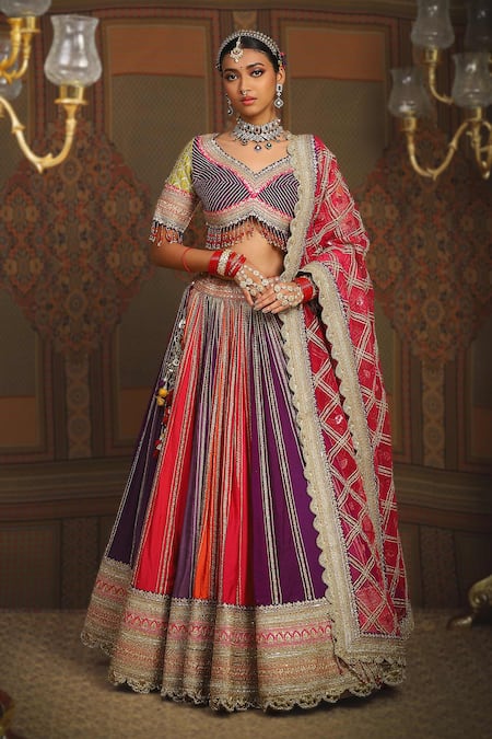 Shop_Shikhar Sharma_Multi Color Silk Chanderi Embroidery Gota Paan Neck Twish Bridal Lehenga Set _Online_at_Aza_Fashions