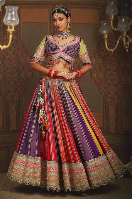 Buy_Shikhar Sharma_Multi Color Silk Chanderi Embroidery Gota Paan Neck Twish Bridal Lehenga Set 