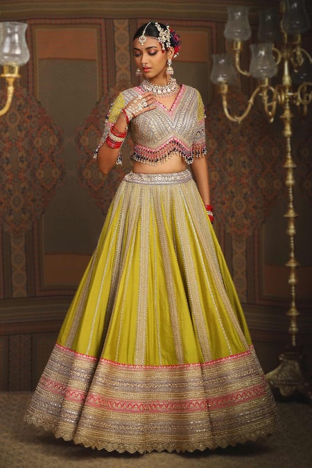 Shikhar Sharma_Green Silk Chanderi Embroidery Gota V Neck Ivy Vine Bridal Lehenga Set _Online_at_Aza_Fashions