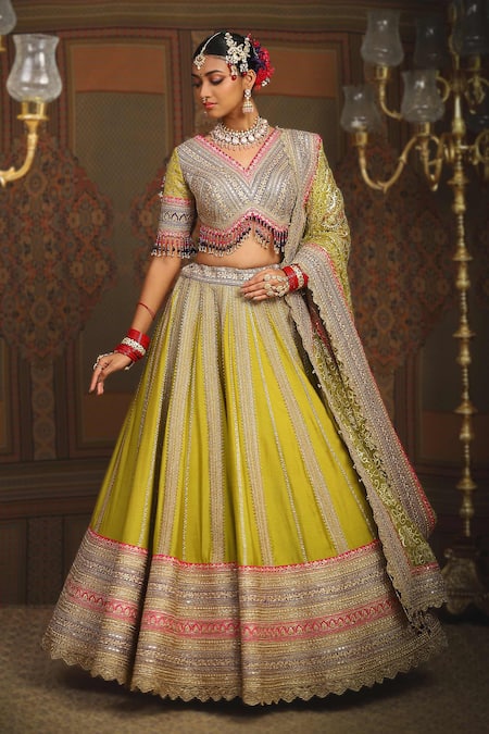 Shikhar Sharma_Green Silk Chanderi Embroidery Gota V Neck Ivy Vine Bridal Lehenga Set _at_Aza_Fashions