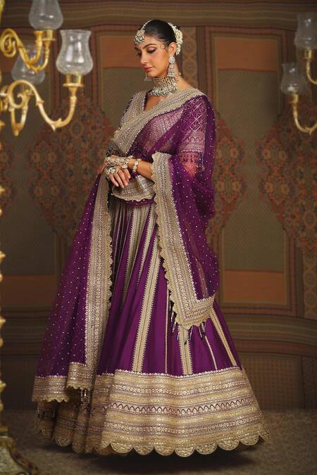 Shikhar Sharma_Purple Silk Chanderi Embroidery Gota V Neck Wisteria Vine Bridal Lehenga Set _Online_at_Aza_Fashions
