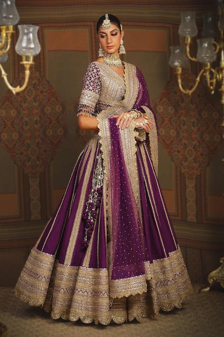 Buy_Shikhar Sharma_Purple Silk Chanderi Embroidery Gota V Neck Wisteria Vine Bridal Lehenga Set _Online_at_Aza_Fashions