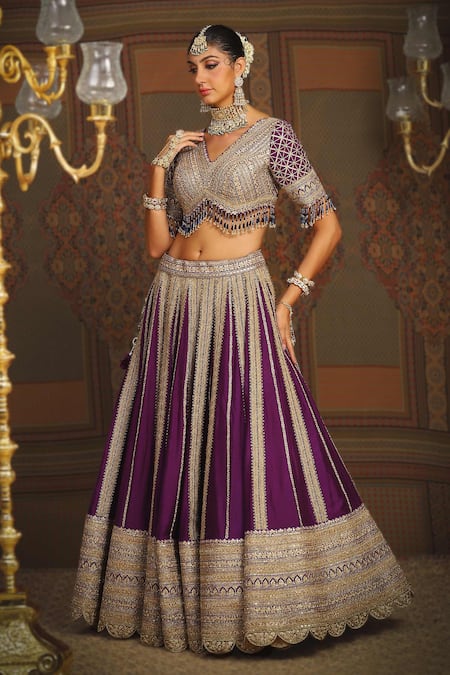 Shikhar Sharma_Purple Silk Chanderi Embroidery Gota V Neck Wisteria Vine Bridal Lehenga Set _at_Aza_Fashions