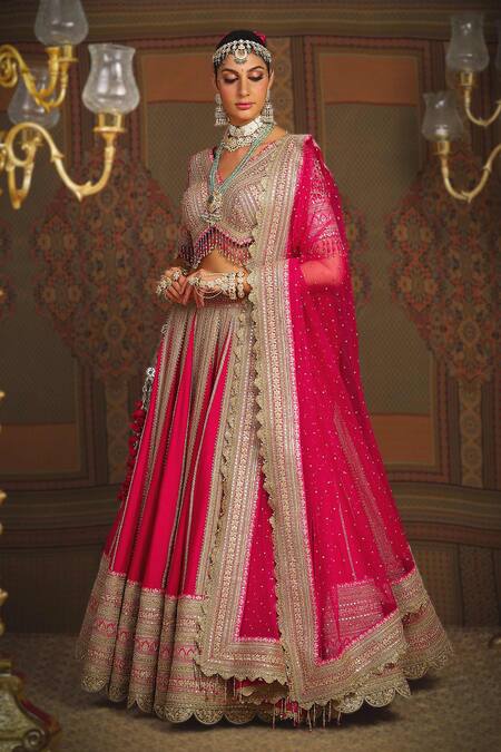 Shikhar Sharma_Pink Silk Chanderi Embroidery Gota V Neck Cypress Vine Bridal Lehenga Set _Online_at_Aza_Fashions