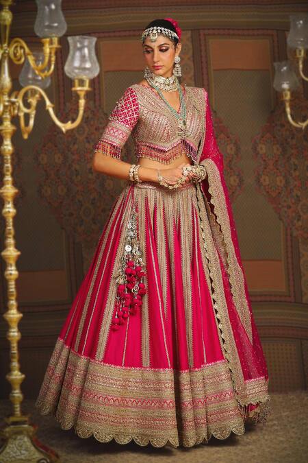 Buy_Shikhar Sharma_Pink Silk Chanderi Embroidery Gota V Neck Cypress Vine Bridal Lehenga Set _Online_at_Aza_Fashions
